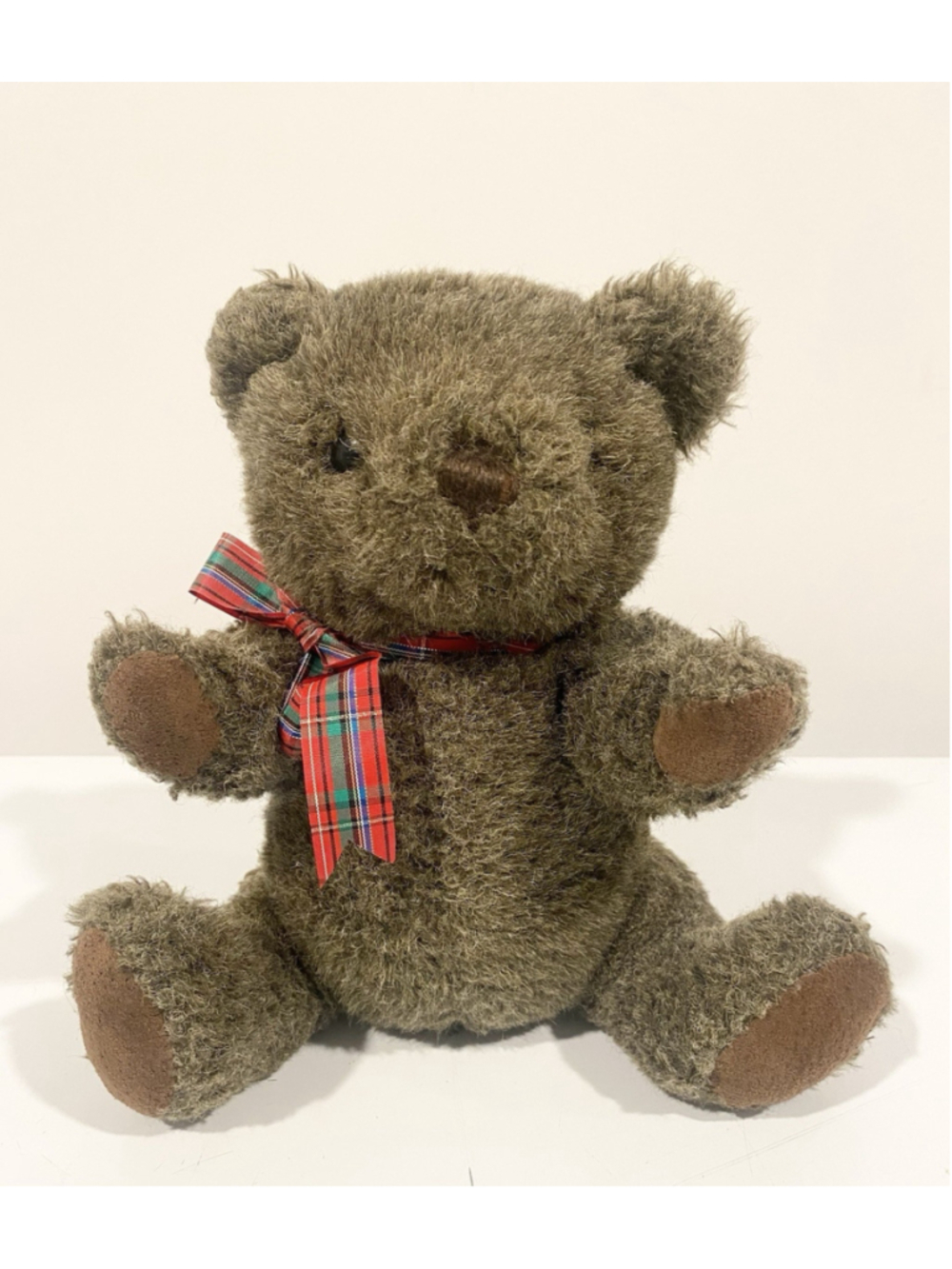 Vintage 1982 GUND Jointed Teddy Bear 12” Brown Plush Plaid Ribbon Korea